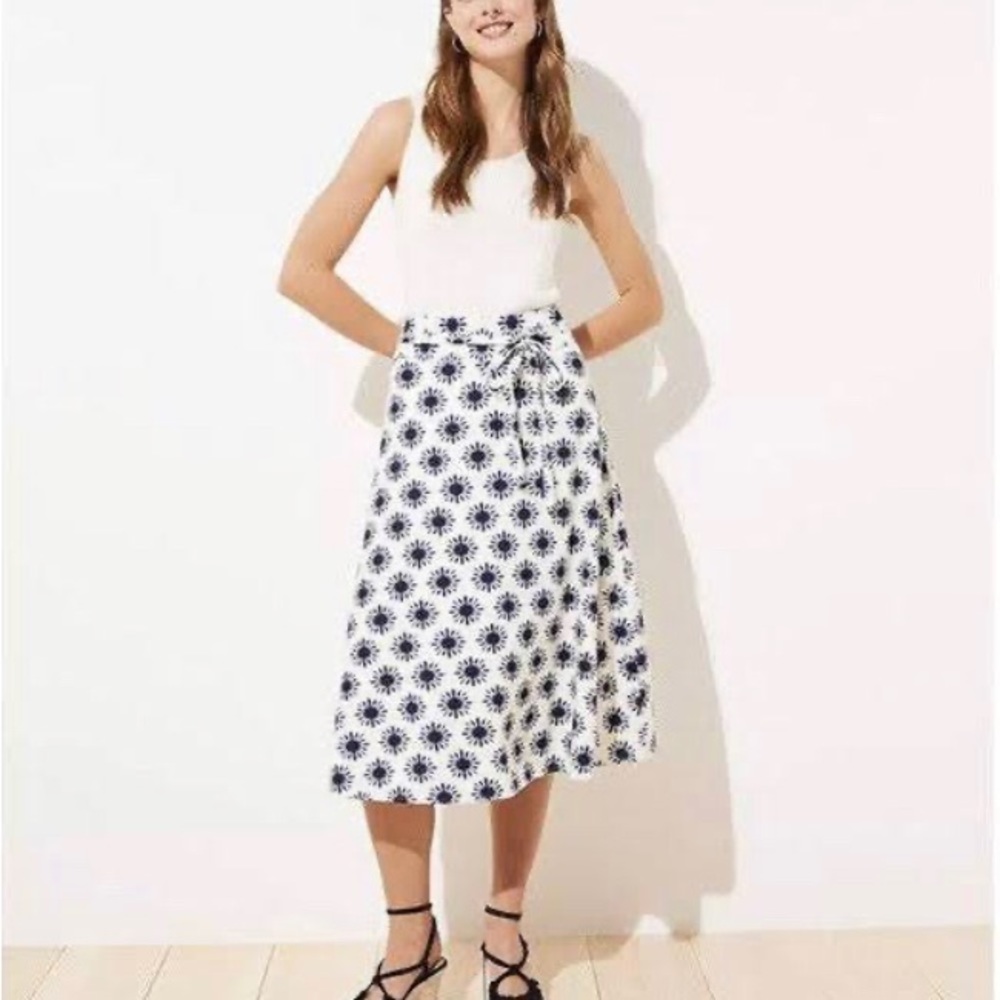 Like New Loft Skirts Loft Linen Blend Sunburst Floral Tie Waist Midi Skirt